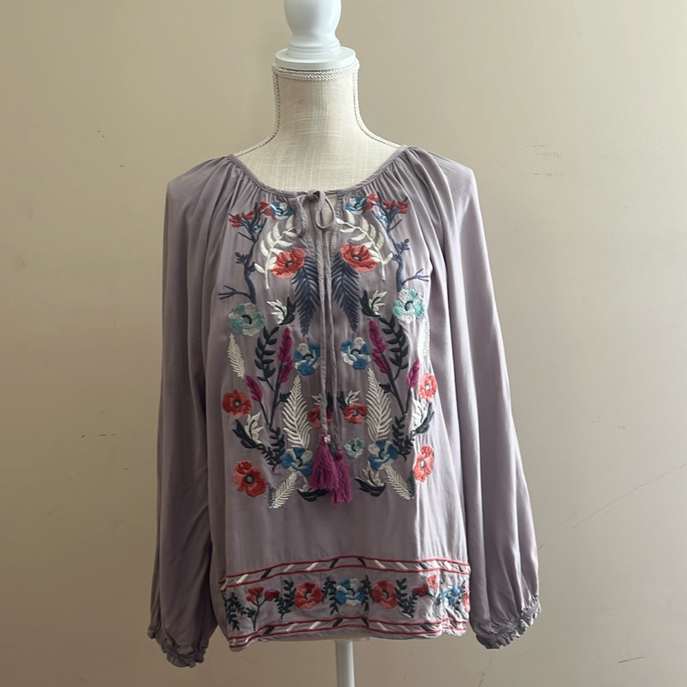 Jodifl Mauve Embroidered Boho Tie Floral Tunic Top Blouse Size: S